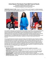 Aritzia Reports Third Quarter Fiscal 2022 Financial Results (CNW Group/Aritzia Inc.)
