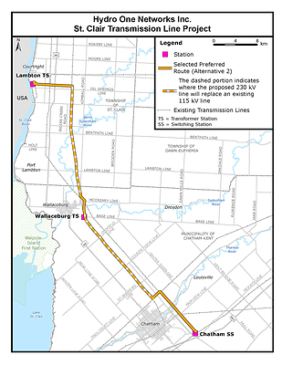 Hydro One’s preferred route 2 for the new St. Clair high-voltage transmission line will run between Hydro One’s Lambton Transformer Station, located in St. Clair Township and Chatham Switching Station, located in the Municipality of Chatham-Kent. (CNW Group/Hydro One Inc.)