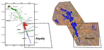 Figure 3: Royalty Area and Mineral Resource Coverage
(Source: https://www.kinmining.com.au/wp-content/uploads/2020/02/DFS-Confirms-a-High-Margin-Gold-Mine-for-Kin-at-The-LGP.pdf) (CNW Group/Vox Royalty Corp.)