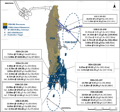 Figure 2: Map showing FDNS deposit and FDN East target with selected FDNS conversion drilling results and FDN East exploration results (CNW Group/Lundin Gold Inc.)