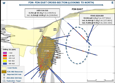 Figure 3: FDN-FDN East Cross section and selected exploration drilling results (CNW Group/Lundin Gold Inc.)