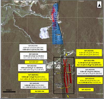 Figure 2: Near-mine drilling program showing FDN, Bonza Sur and selected results (CNW Group/Lundin Gold Inc.)