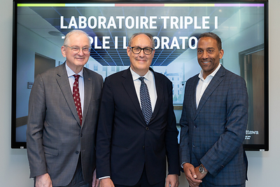 Louis Gagnon, Intact Canada CEO, joins Telfer Dean Stéphane Brutus and uOttawa President Jacques Frémont, for a gift announcement on April 30. (CNW Group/Intact Financial Corporation (News Releases))
