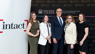 Louis Gagnon, Intact Canada CEO, joins Triple I Lab co-founders (from left to right) Jennifer Dimoff, Jane O’Reilly, Silvia Bonaccio, and Meredith Rocchi, for a gift announcement on April 30. (CNW Group/Intact Financial Corporation (News Releases))