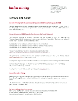 Lundin Mining to Release Second Quarter 2023 Results August 2, 2023 (CNW Group/Lundin Mining Corporation)