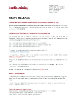 Lundin Mining to Release Third Quarter 2022 Results October 25, 2022 (CNW Group/Lundin Mining Corporation)