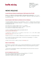 Lundin Mining to Release Second Quarter 2022 Results July 27, 2022 (CNW Group/Lundin Mining Corporation)