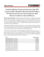 Pembina Pipeline Corporation Declares July 2022 Common Share Dividend, Quarterly Preferred Share Dividend and Announces Second Quarter 2022 Results Conference Call and Webcast (CNW Group/Pembina Pipeline Corporation)