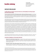 Lundin Mining to Acquire Josemaria Resources, Meaningfully Increasing Copper and Gold Growth Profile (CNW Group/Lundin Mining Corporation)