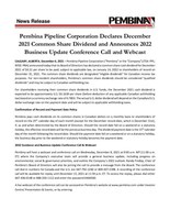 Pembina Pipeline Corporation Declares December 2021 Common Share Dividend and Announces 2022 Business Update Conference Call and Webcast (CNW Group/Pembina Pipeline Corporation)