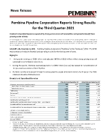 Pembina Pipeline Corporation Reports Strong Results for the Third Quarter 2021 (CNW Group/Pembina Pipeline Corporation)