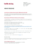 Lundin Mining to Release Second Quarter 2021 Results July 28, 2021 (CNW Group/Lundin Mining Corporation)