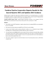 Pembina Pipeline Corporation Reports Results for the Second Quarter 2021 and Updates 2021 Guidance (CNW Group/Pembina Pipeline Corporation)