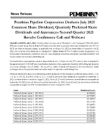 Pembina Pipeline Corporation Declares July 2021 Common Share Dividend, Quarterly Preferred Share Dividends and Announces Second Quarter 2021 Results Conference Call and Webcast (CNW Group/Pembina Pipeline Corporation)