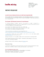 Lundin Mining to Release First Quarter 2021 Results April 28, 2021 (CNW Group/Lundin Mining Corporation)