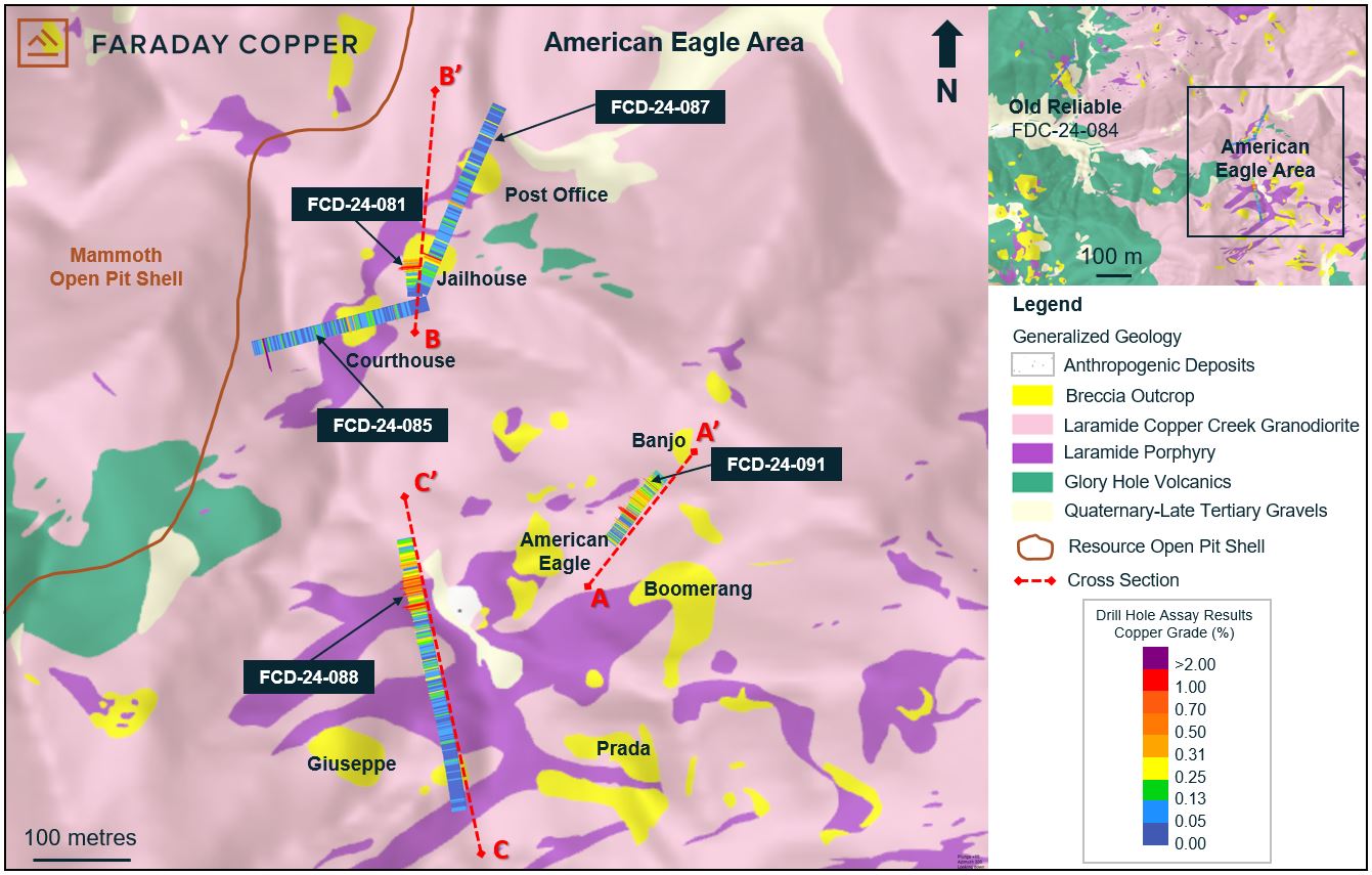 Figure 1: Plan View Showing Surface Geology and Location of the Drill Holes in the American Eagle Area