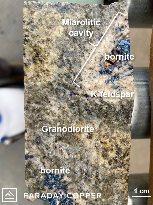 Figure 3: Example of magmatic cupola-style mineralization at 690.3 m from a core sample from 688.85 m to 691.90 m grading 1.43 g/t gold and 6.03% copper in drill hole LM-2