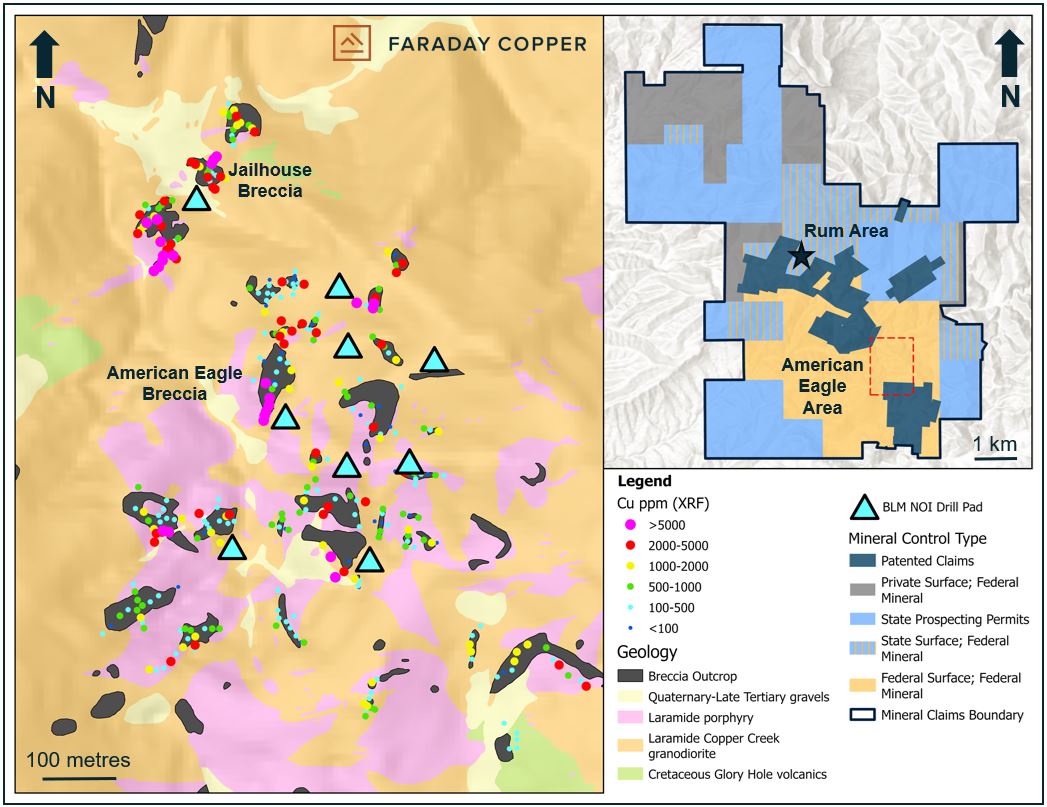 Figure 1: Map Showing the High Priority Targets, pXRF Data1 for Copper Values and Nine Permitted Drill Pads on BLM Land