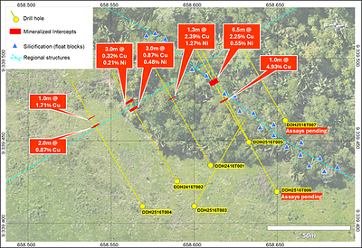Figure 8: Drill Status/Intercepts at the T16 HeliTEM Target. (CNW Group/Bravo Mining Corp.)