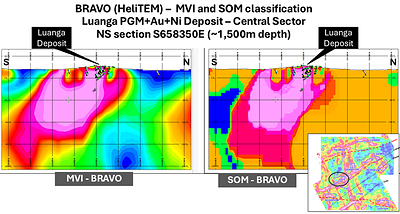 Figure 10: Cross sections of MVI and SOM 3D Models in Luanga’s Central Sector. (CNW Group/Bravo Mining Corp.)