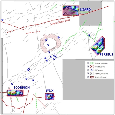 Figure 3: Location (over magnetics) of priority Cu/Au targets outside the Luanga PGM+Au+Ni deposit, the focus of regional exploration. (CNW Group/Bravo Mining Corp.)