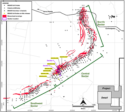 Figure 4: Location of Bravo Drilling and Sections Reported in this News Release (CNW Group/Bravo Mining Corp.)