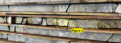 Figure 2: High-grade interval of breccia copper sulphide mineralization (from red line) in DDH2405T015 at T5 (132.93 – 135.09m downhole). (CNW Group/Bravo Mining Corp.)