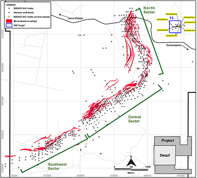 Figure 6: Drilling at T5, as reported in this News Release (CNW Group/Bravo Mining Corp.)