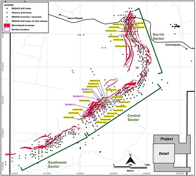 Figure 4: Location of Bravo Drilling and Sections Reported in this News Release (CNW Group/Bravo Mining Corp.)