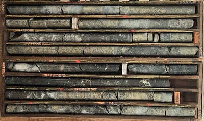 Figure 2: DDH2405T004 - Massive/Semi-massive/ breccia sulphide Cu mineralization at T5 target (154.0 – 161.4m shown). (CNW Group/Bravo Mining Corp.)