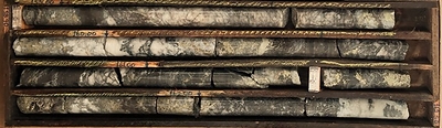 Figure 3: Breccia copper sulphides (results pending) in DH2405T003 (158.9 – 162.5m shown). (CNW Group/Bravo Mining Corp.)