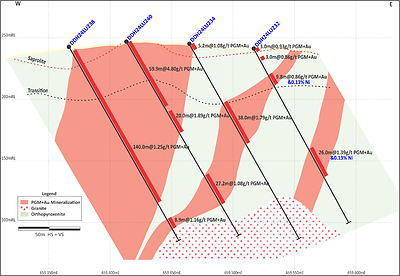 Figure 1: North Sector (Section 1 on Figure 4). High-grade and wide PGM+Au mineralization close to surface. (CNW Group/Bravo Mining Corp.)