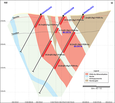 Figure 2: Central Sector (Section 2 on Figure 4). Wide zones of mineralization with improving nickel sulphides at depth in fresh rock. (CNW Group/Bravo Mining Corp.)