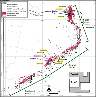 Figure 4: Location of Bravo Drilling and Sections Reported in this News Release (CNW Group/Bravo Mining Corp.)