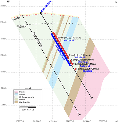 Figure 4: North Sector (Section 3 on Figure 5). Magmatic nickel sulphide mineralization in DDH23LU202 between T2 & T3 HeliTEM anomalies. (CNW Group/Bravo Mining Corp.)