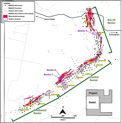 Figure 5: Location of Bravo Drilling and Sections Reported in this News Release (CNW Group/Bravo Mining Corp.)