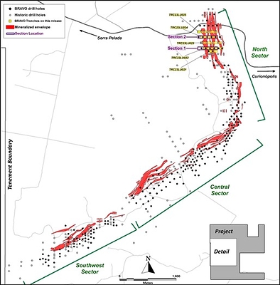 Figure 4: Location of Bravo Trenches and Sections Reported in this News Release (CNW Group/Bravo Mining Corp.)