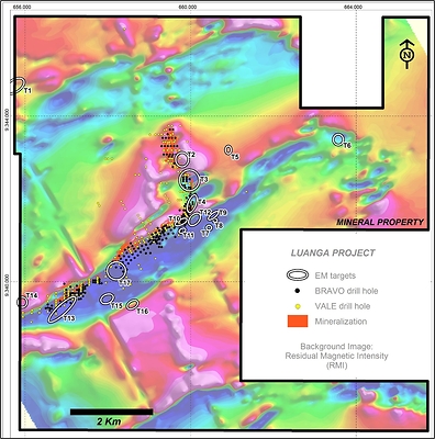 Figure 3: 17 First Priority EM Targets show over Magnetics. Ultramafics (magnetic low shown in blue) below Luanga PGM drilling. (CNW Group/Bravo Mining Corp.)