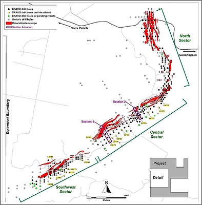 Figure 5: Location of Bravo Drilling and Sections Reported in this News Release (CNW Group/Bravo Mining Corp.)