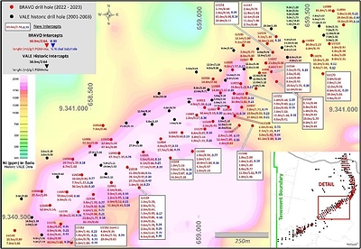 Figure 2: Central Sector (~2km strike) plan showing excellent results at depth, including consistently higher nickel assay results. (CNW Group/Bravo Mining Corp.)