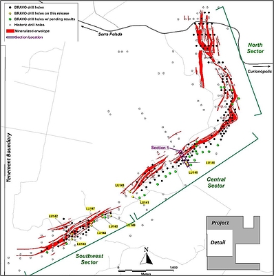 Figure 4: Location of Bravo Drilling and Sections Reported in this News Release (CNW Group/Bravo Mining Corp.)