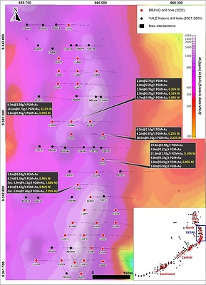 Figure 3: North Sector – New magmatic nickel sulphide intercepts in infill drilling, shown over historic Ni-in-soil geochemistry. (CNW Group/Bravo Mining Corp.)