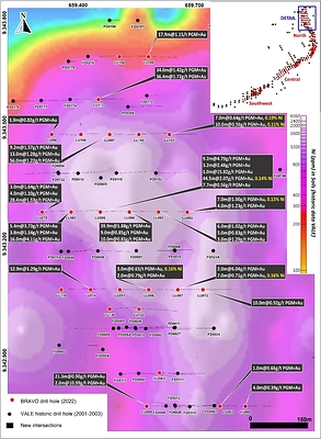 Figure 1: Northern Sector A. Results consistent with historic drilling, with drilling now closed to 100m spaced sections. (CNW Group/Bravo Mining Corp.)