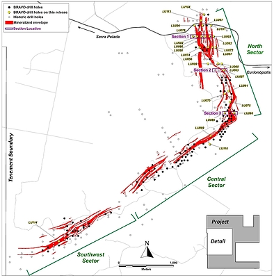 Figure 6: Location of Bravo Drilling and Sections Reported in this News Release (CNW Group/Bravo Mining Corp.)