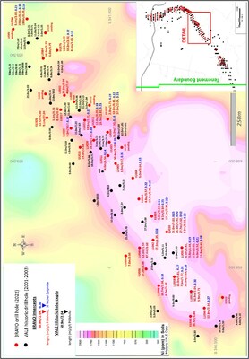 Figure 2: Central Sector (~2km strike) showing consistently improving results at depth, over historic Ni-in-soil geochemistry. (CNW Group/Bravo Mining Corp.)