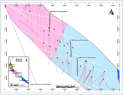 Figure 1: SBP-2021-013, 015 and 020 hole locations within the Bralorne East and Pioneer Blocks. (CNW Group/Talisker Resources Ltd)