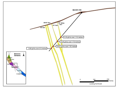 Figure 2: SBP-2021-100 cross section with vein intersections and grade. (CNW Group/Talisker Resources Ltd)