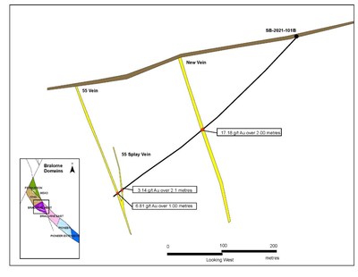 Figure 2: SB-2021-101B cross section with vein intersections and grade. (CNW Group/Talisker Resources Ltd)