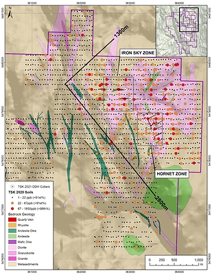 Figure 3: 2020 Regional Geochemistry with Geology and Drill Collar Locations. (CNW Group/Talisker Resources Ltd)