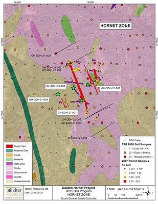Figure 4: Drill Collar locations overlaid on geology and geochemistry within the Main Hornet Zone. (CNW Group/Talisker Resources Ltd)